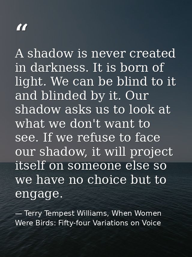 A shadow is never created in darkness. It is born of light. We can be blind to it and blinded by it. Our shadow asks us  — Terry Tempest Williams, When Women Were Birds: Fifty-four Variations on Voice
