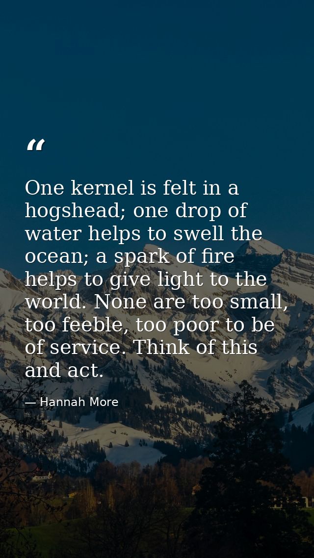 One kernel is felt in a hogshead; one drop of water helps to swell the ocean; a spark of fire helps to give light to the — Hannah More