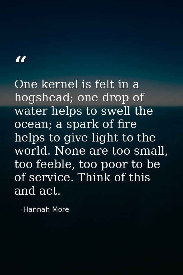 One kernel is felt in a hogshead; one drop of water helps to swell the ocean; a spark of fire helps to give light to the — Hannah More