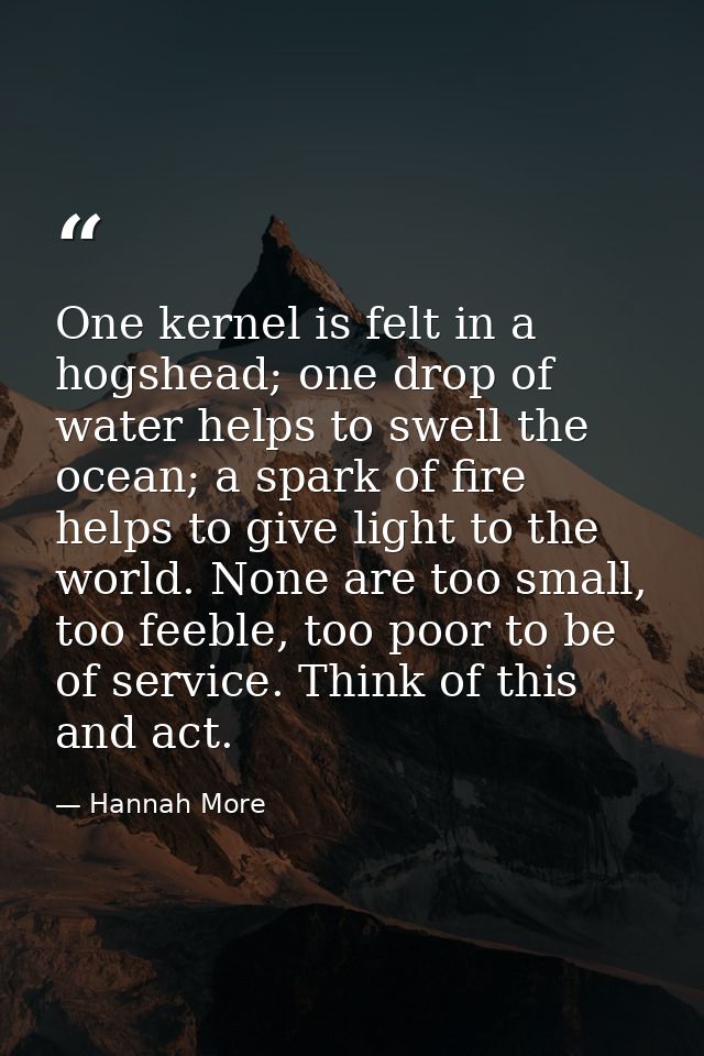 One kernel is felt in a hogshead; one drop of water helps to swell the ocean; a spark of fire helps to give light to the — Hannah More