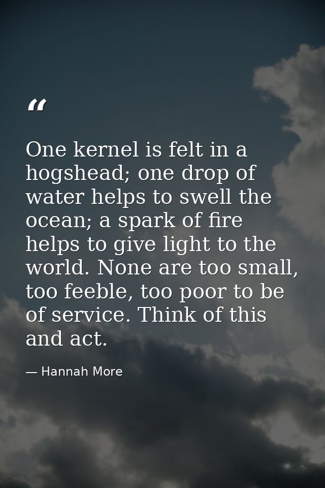 One kernel is felt in a hogshead; one drop of water helps to swell the ocean; a spark of fire helps to give light to the — Hannah More