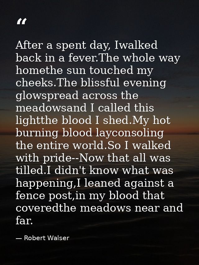 After a spent day, Iwalked back in a fever.The whole way homethe sun touched my cheeks.The blissful evening glowspread a — Robert Walser