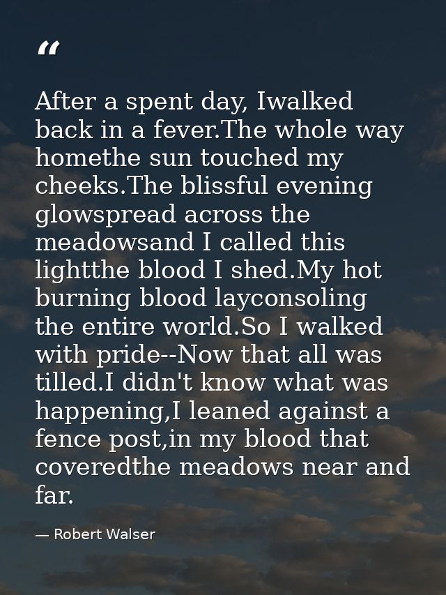 After a spent day, Iwalked back in a fever.The whole way homethe sun touched my cheeks.The blissful evening glowspread a — Robert Walser