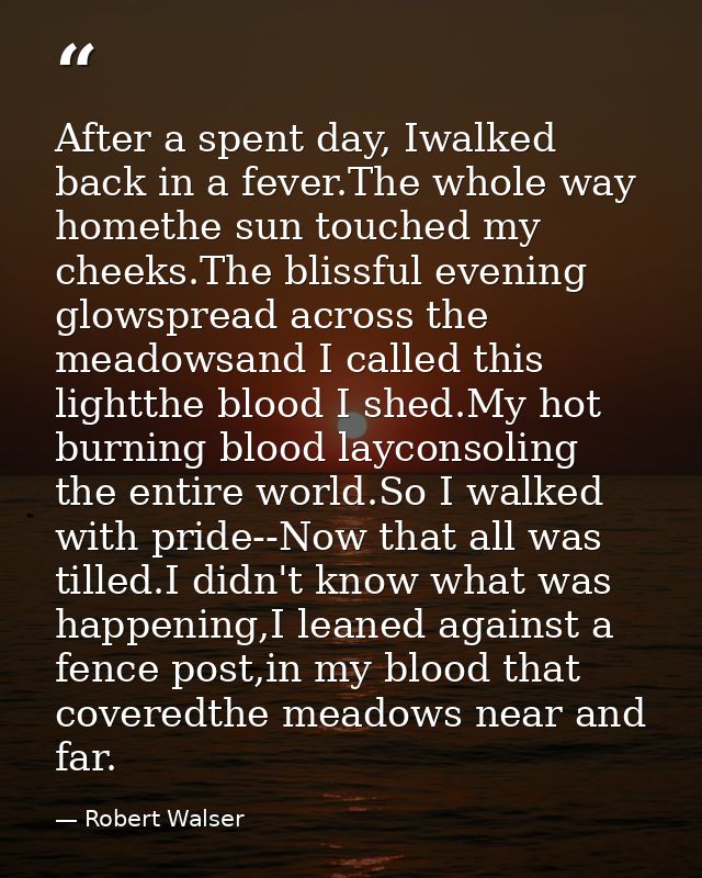 After a spent day, Iwalked back in a fever.The whole way homethe sun touched my cheeks.The blissful evening glowspread a — Robert Walser