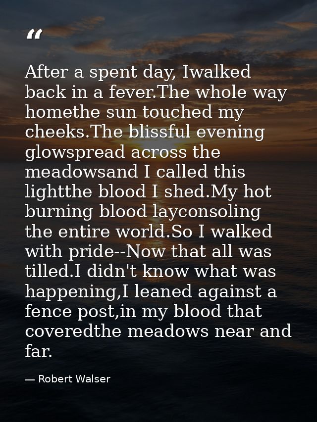 After a spent day, Iwalked back in a fever.The whole way homethe sun touched my cheeks.The blissful evening glowspread a — Robert Walser