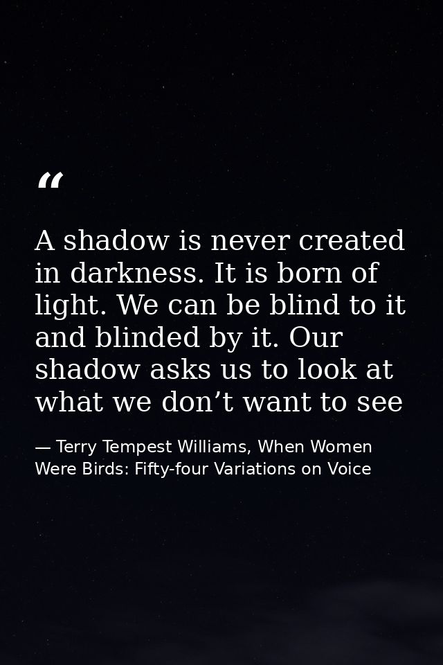 A shadow is never created in darkness. It is born of light. We can be blind to it and blinded by it. Our shadow asks us  — Terry Tempest Williams, When Women Were Birds: Fifty-four Variations on Voice