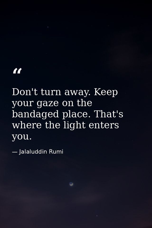 Don't turn away. Keep your gaze on the bandaged place. That's where the light enters you. — Jalaluddin Rumi