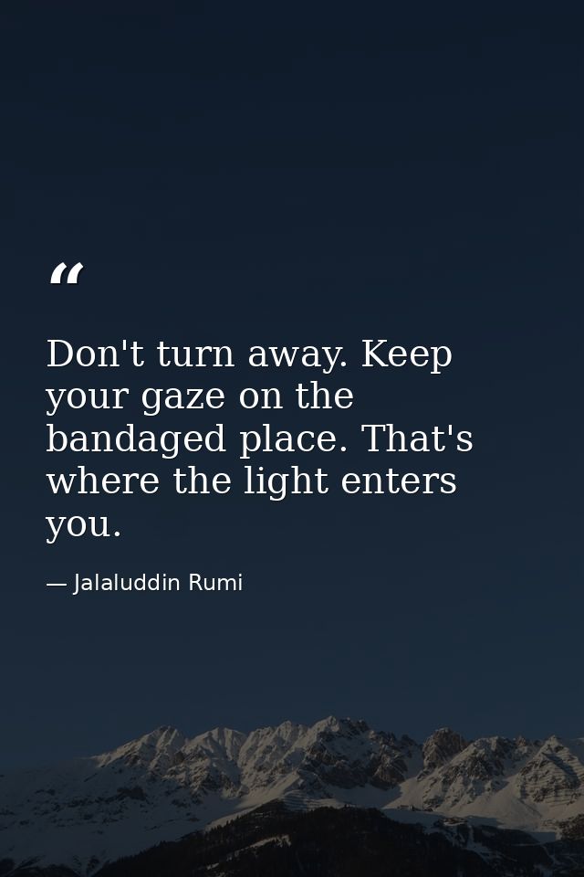 Don't turn away. Keep your gaze on the bandaged place. That's where the light enters you. — Jalaluddin Rumi