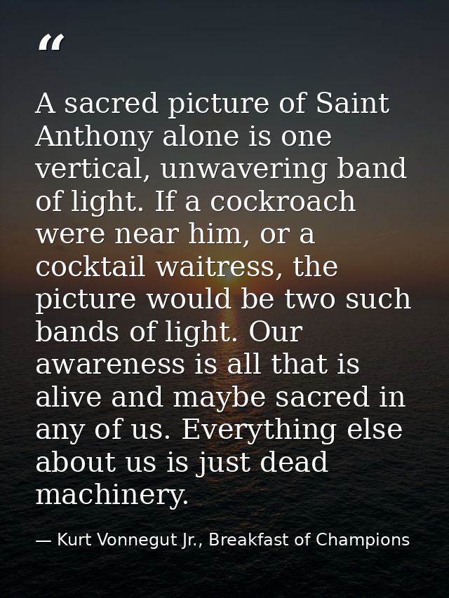 A sacred picture of Saint Anthony alone is one vertical, unwavering band of light. If a cockroach were near him, or a co — Kurt Vonnegut Jr., Breakfast of Champions