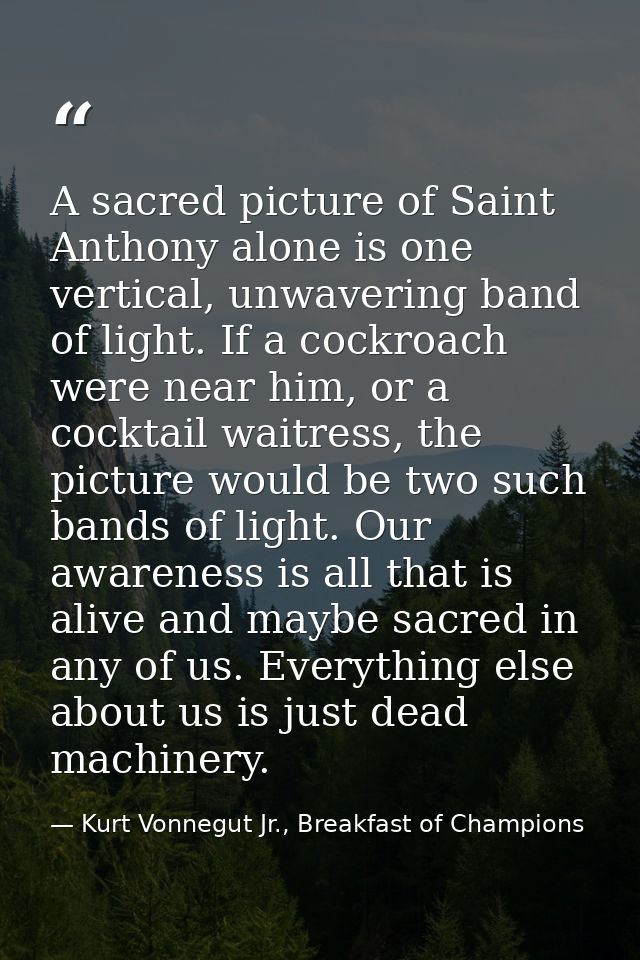 A sacred picture of Saint Anthony alone is one vertical, unwavering band of light. If a cockroach were near him, or a co — Kurt Vonnegut Jr., Breakfast of Champions
