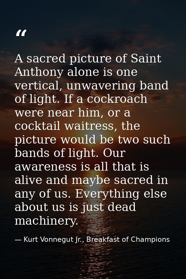 A sacred picture of Saint Anthony alone is one vertical, unwavering band of light. If a cockroach were near him, or a co — Kurt Vonnegut Jr., Breakfast of Champions