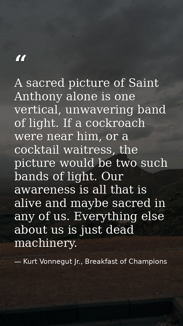 A sacred picture of Saint Anthony alone is one vertical, unwavering band of light. If a cockroach were near him, or a co — Kurt Vonnegut Jr., Breakfast of Champions