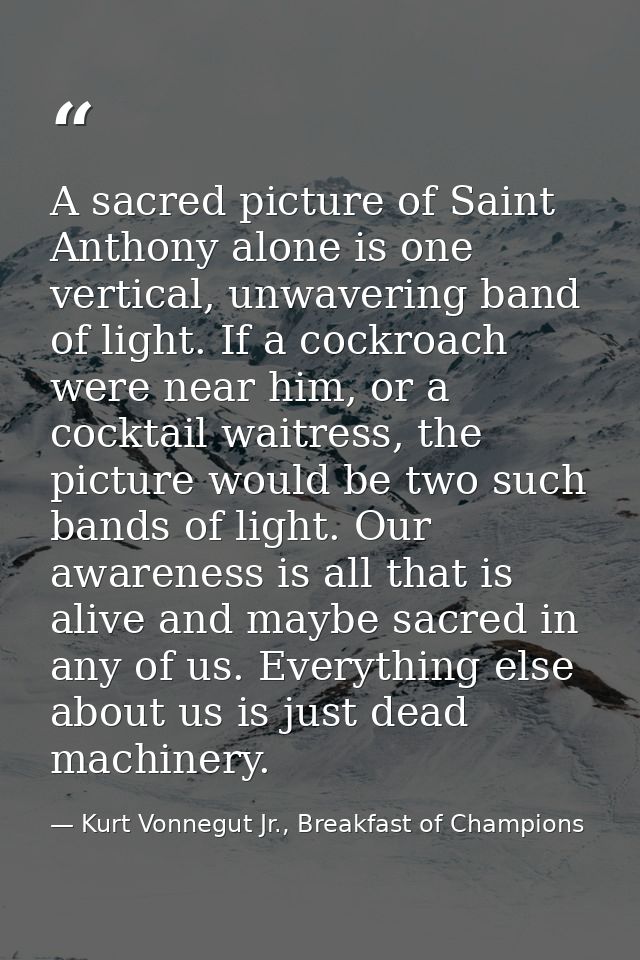 A sacred picture of Saint Anthony alone is one vertical, unwavering band of light. If a cockroach were near him, or a co — Kurt Vonnegut Jr., Breakfast of Champions