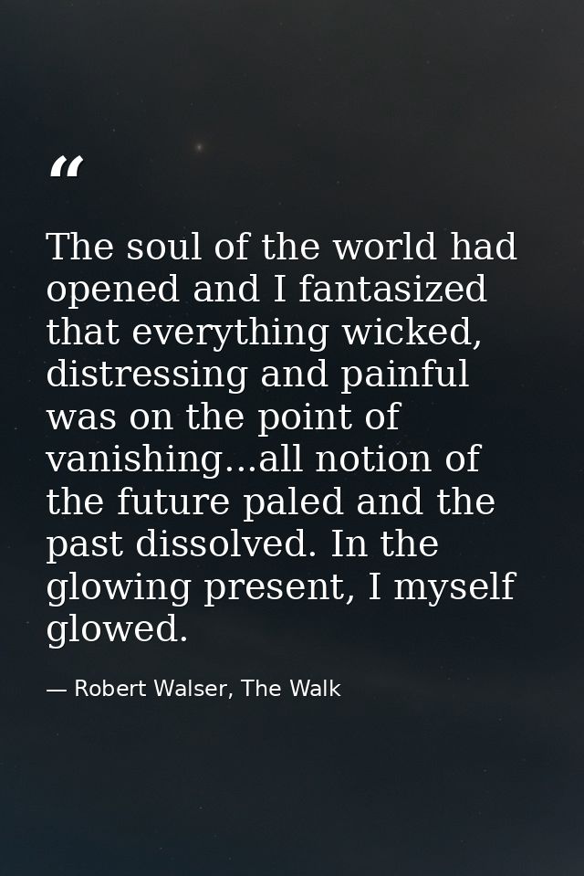 The soul of the world had opened and I fantasized that everything wicked, distressing and painful was on the point of va — Robert Walser, The Walk