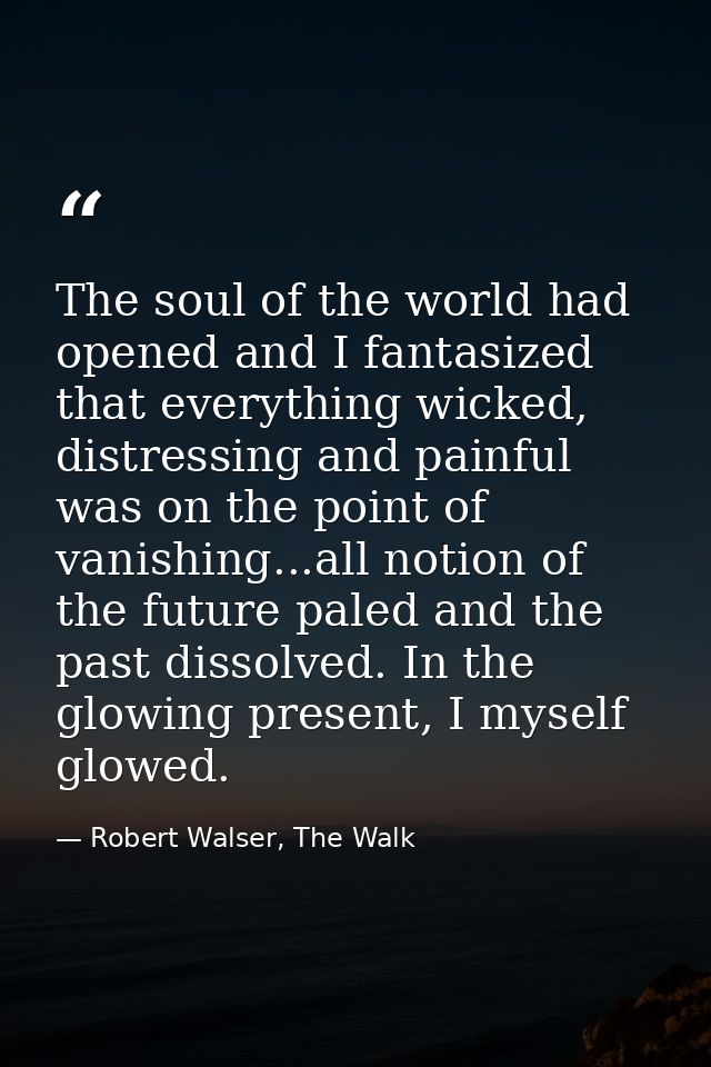 The soul of the world had opened and I fantasized that everything wicked, distressing and painful was on the point of va — Robert Walser, The Walk