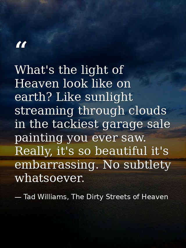 What's the light of Heaven look like on earth? Like sunlight streaming through clouds in the tackiest garage sale painti — Tad Williams, The Dirty Streets of Heaven