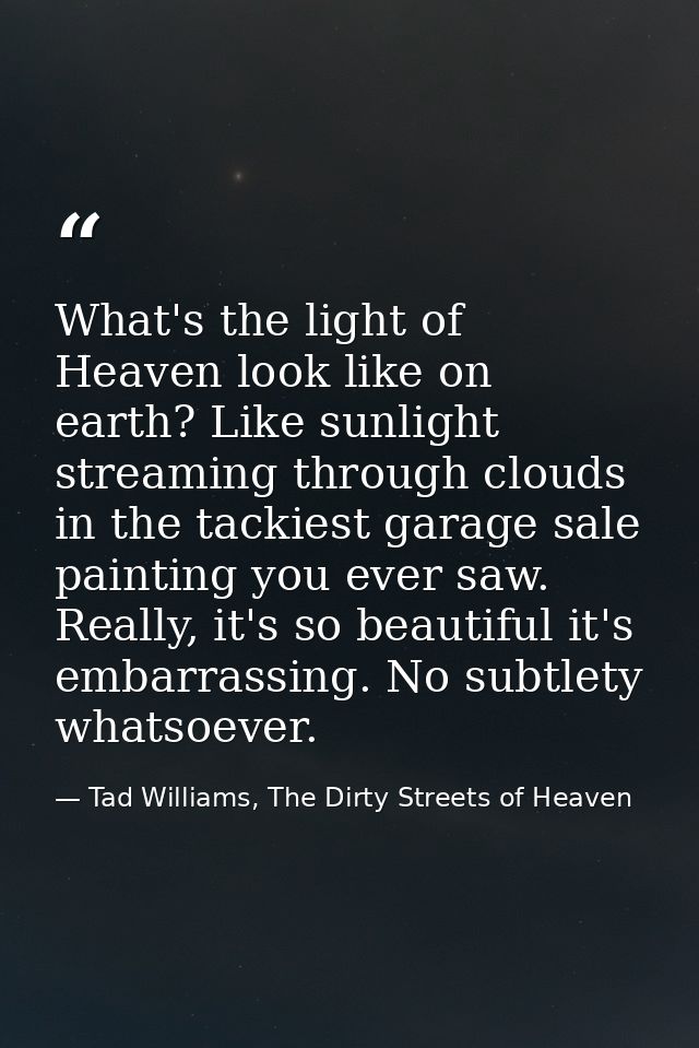 What's the light of Heaven look like on earth? Like sunlight streaming through clouds in the tackiest garage sale painti — Tad Williams, The Dirty Streets of Heaven