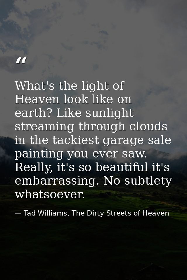 What's the light of Heaven look like on earth? Like sunlight streaming through clouds in the tackiest garage sale painti — Tad Williams, The Dirty Streets of Heaven