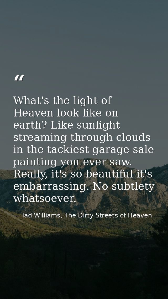 What's the light of Heaven look like on earth? Like sunlight streaming through clouds in the tackiest garage sale painti — Tad Williams, The Dirty Streets of Heaven