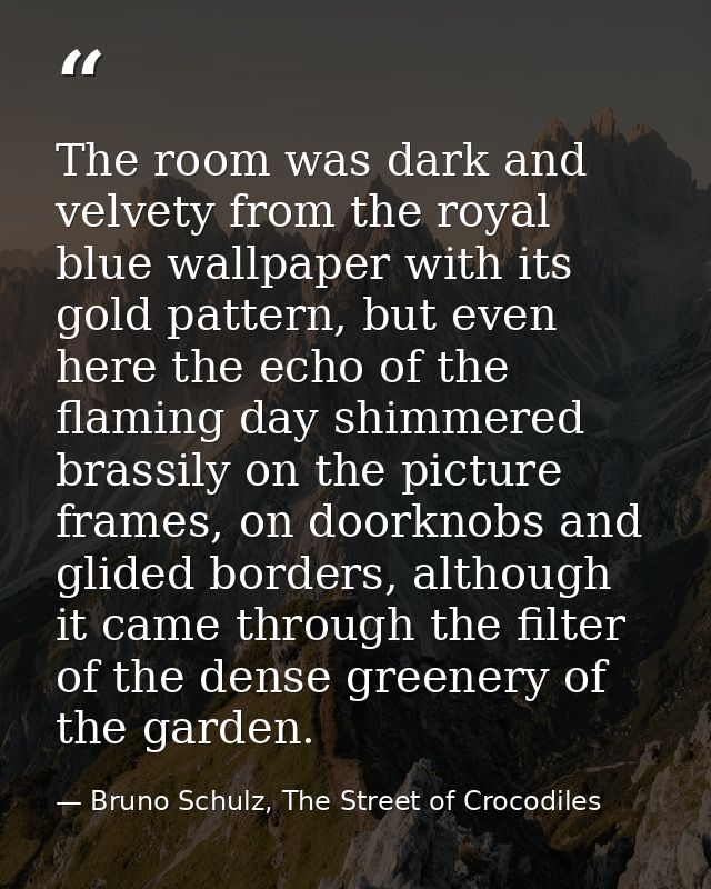 The room was dark and velvety from the royal blue wallpaper with its gold pattern, but even here the echo of the flaming — Bruno Schulz, The Street of Crocodiles