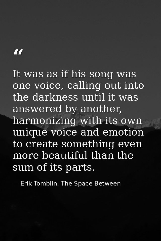 It was as if his song was one voice, calling out into the darkness until it was answered by another, harmonizing with it — Erik Tomblin, The Space Between