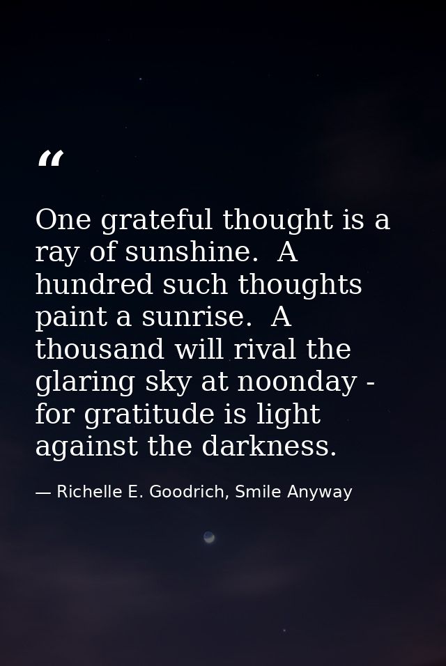One grateful thought is a ray of sunshine.  A hundred such thoughts paint a sunrise.  A thousand will rival the glaring  — Richelle E. Goodrich, Smile Anyway