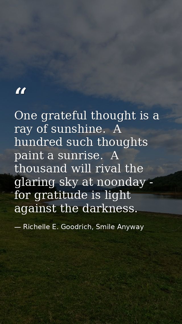 One grateful thought is a ray of sunshine.  A hundred such thoughts paint a sunrise.  A thousand will rival the glaring  — Richelle E. Goodrich, Smile Anyway
