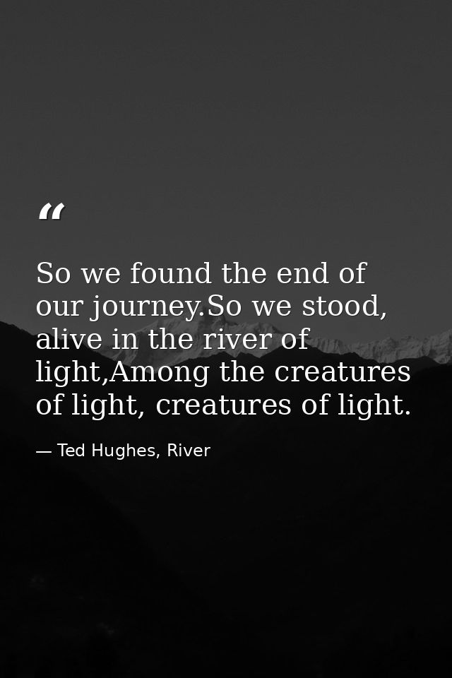 So we found the end of our journey.So we stood, alive in the river of light,Among the creatures of light, creatures of l — Ted Hughes, River