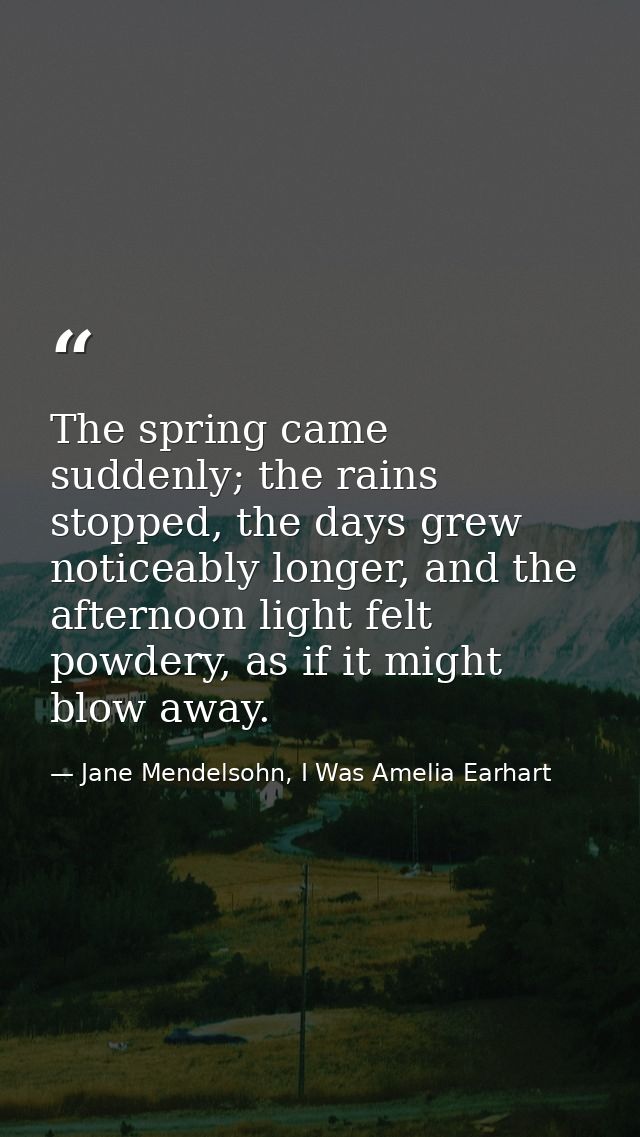 The spring came suddenly; the rains stopped, the days grew noticeably longer, and the afternoon light felt powdery, as i — Jane Mendelsohn, I Was Amelia Earhart