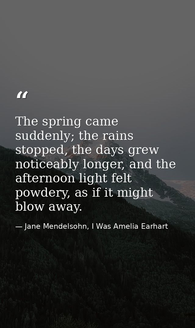 The spring came suddenly; the rains stopped, the days grew noticeably longer, and the afternoon light felt powdery, as i — Jane Mendelsohn, I Was Amelia Earhart