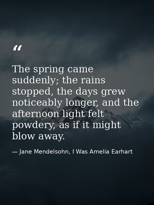 The spring came suddenly; the rains stopped, the days grew noticeably longer, and the afternoon light felt powdery, as i — Jane Mendelsohn, I Was Amelia Earhart