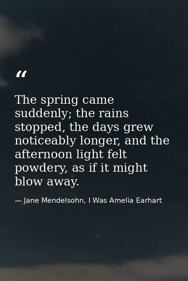 The spring came suddenly; the rains stopped, the days grew noticeably longer, and the afternoon light felt powdery, as i — Jane Mendelsohn, I Was Amelia Earhart