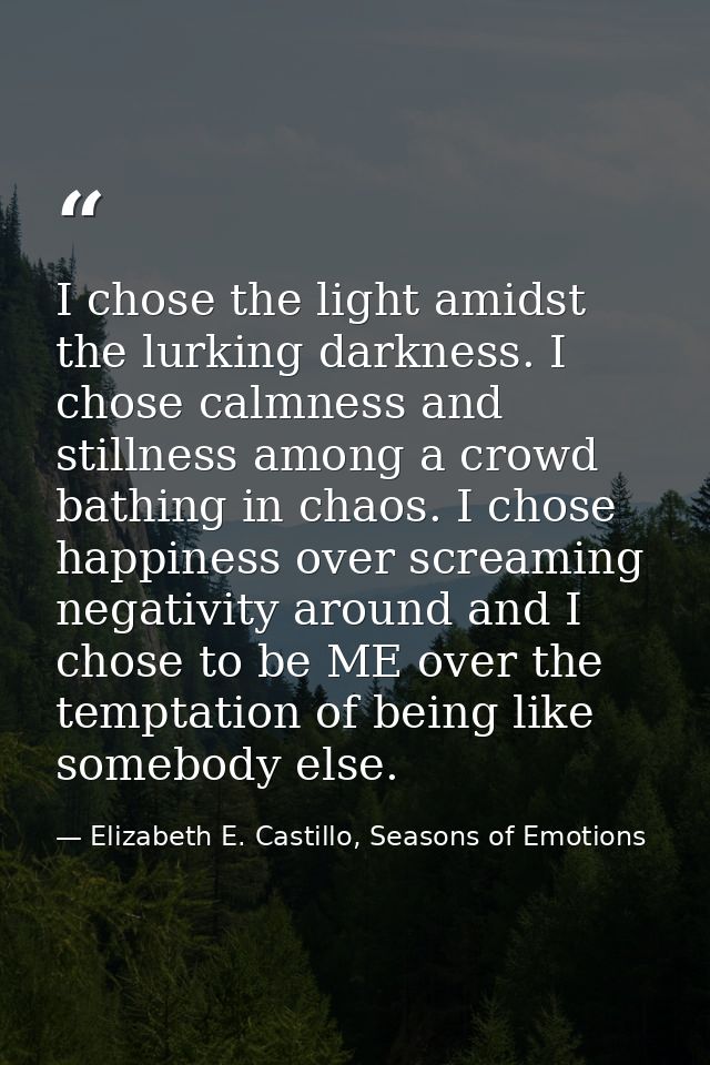 I chose the light amidst the lurking darkness. I chose calmness and stillness among a crowd bathing in chaos. I chose ha — Elizabeth E. Castillo, Seasons of Emotions