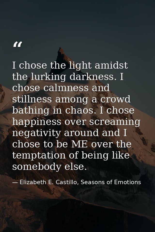 I chose the light amidst the lurking darkness. I chose calmness and stillness among a crowd bathing in chaos. I chose ha — Elizabeth E. Castillo, Seasons of Emotions