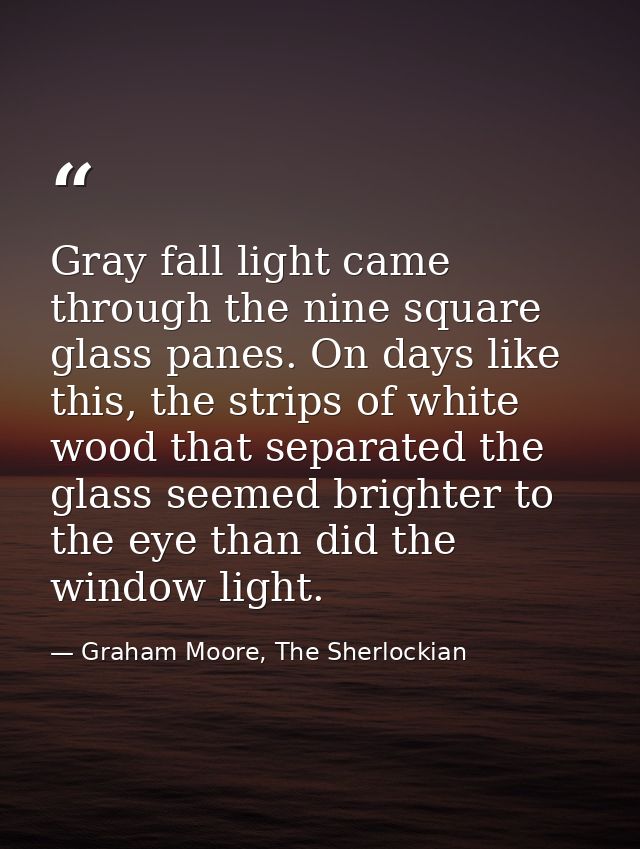 Gray fall light came through the nine square glass panes. On days like this, the strips of white wood that separated the — Graham Moore, The Sherlockian