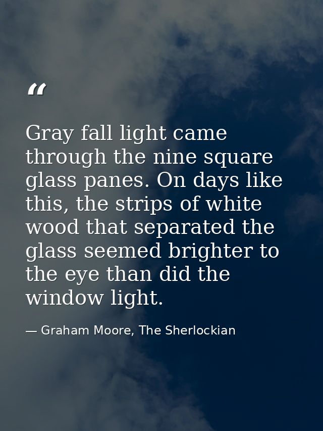 Gray fall light came through the nine square glass panes. On days like this, the strips of white wood that separated the — Graham Moore, The Sherlockian