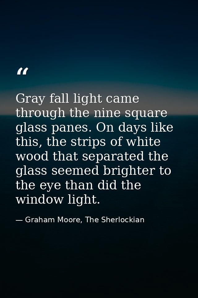 Gray fall light came through the nine square glass panes. On days like this, the strips of white wood that separated the — Graham Moore, The Sherlockian