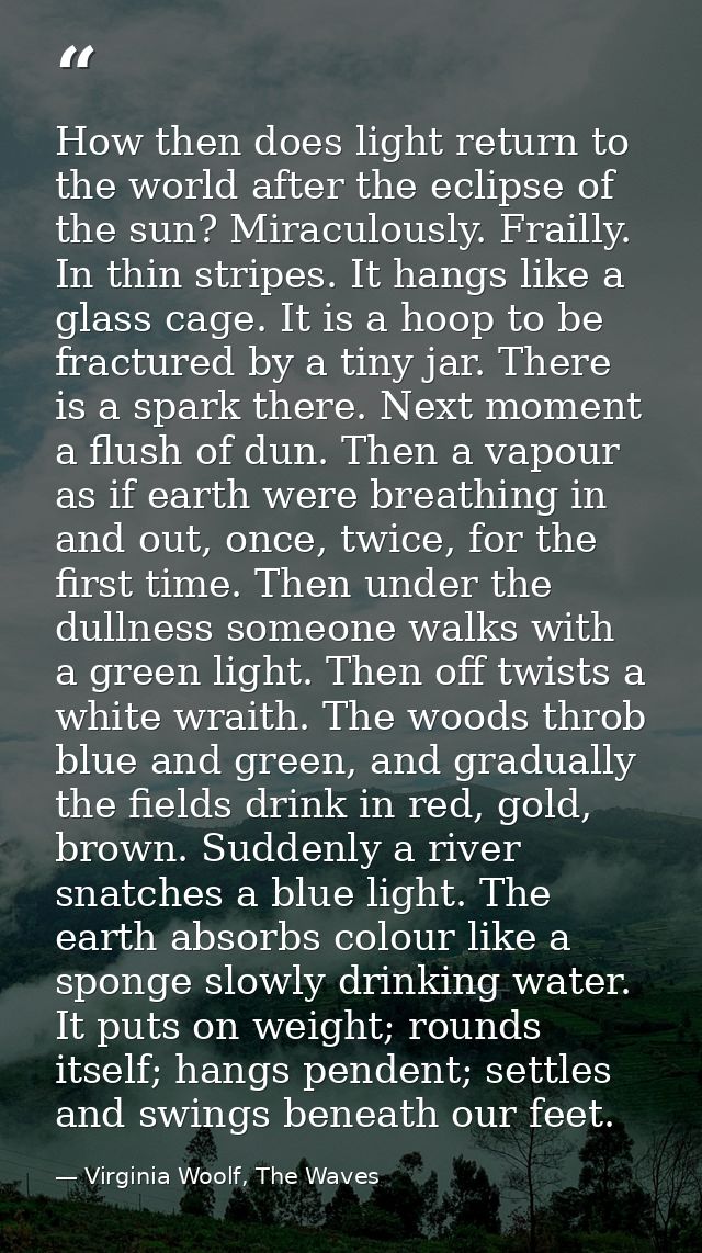 How then does light return to the world after the eclipse of the sun? Miraculously. Frailly. In thin stripes. It hangs l — Virginia Woolf, The Waves