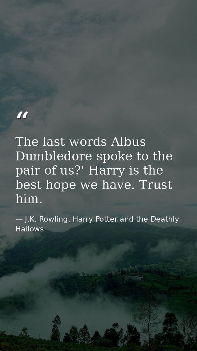 The last words Albus Dumbledore spoke to the pair of us?' Harry is the best hope we have. Trust him. — J.K. Rowling, Harry Potter and the Deathly Hallows