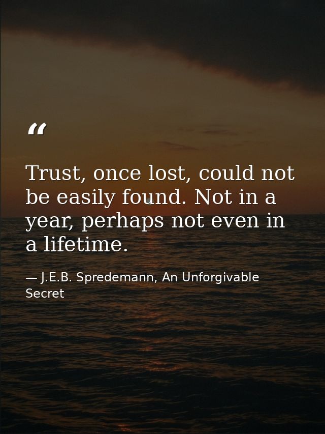 Trust, once lost, could not be easily found. Not in a year, perhaps not even in a lifetime. — J.E.B. Spredemann, An Unforgivable Secret