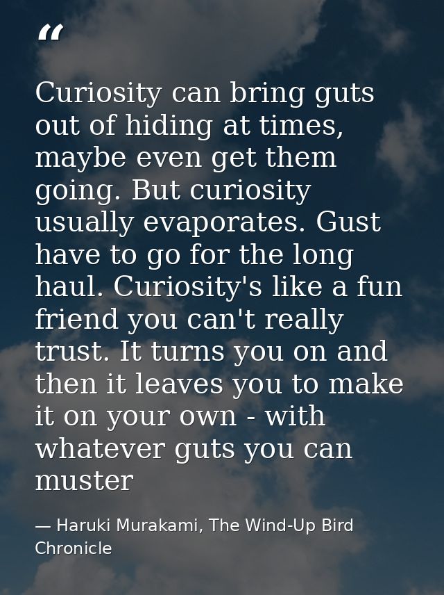 Curiosity can bring guts out of hiding at times, maybe even get them going. But curiosity usually evaporates. Gust have  — Haruki Murakami, The Wind-Up Bird Chronicle