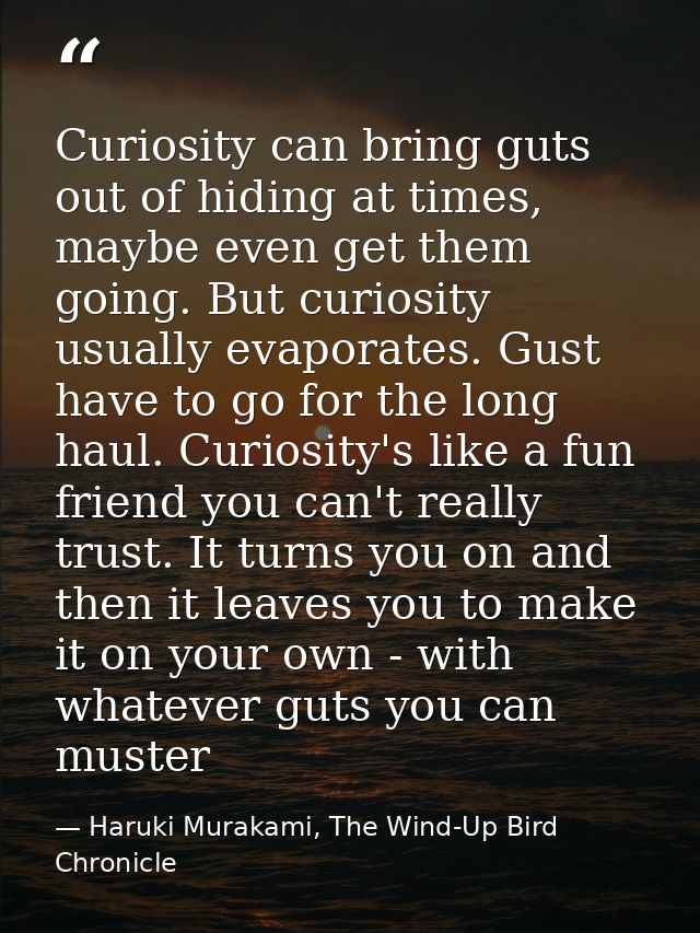 Curiosity can bring guts out of hiding at times, maybe even get them going. But curiosity usually evaporates. Gust have  — Haruki Murakami, The Wind-Up Bird Chronicle