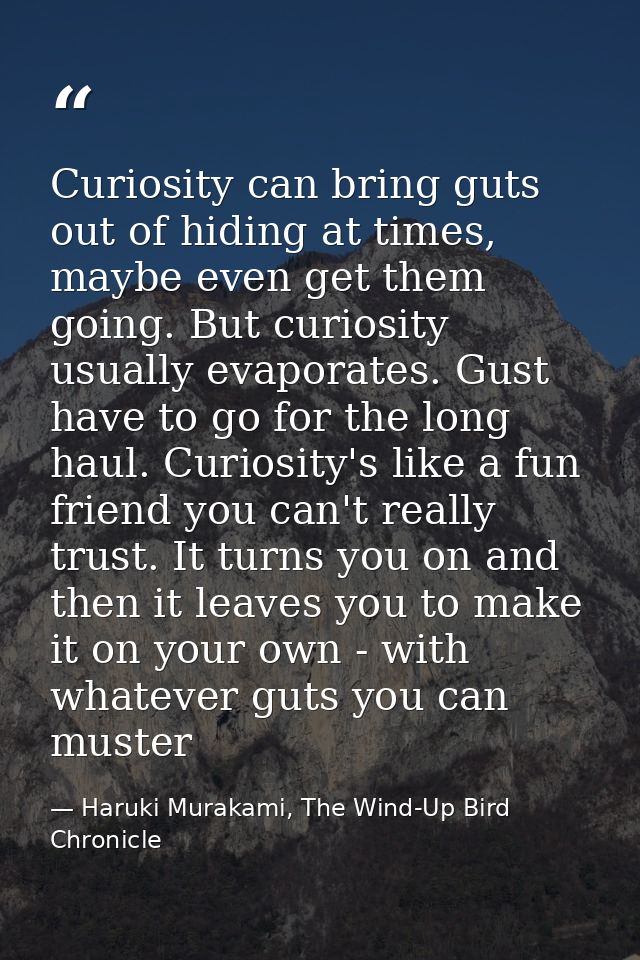 Curiosity can bring guts out of hiding at times, maybe even get them going. But curiosity usually evaporates. Gust have  — Haruki Murakami, The Wind-Up Bird Chronicle