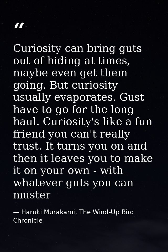 Curiosity can bring guts out of hiding at times, maybe even get them going. But curiosity usually evaporates. Gust have  — Haruki Murakami, The Wind-Up Bird Chronicle