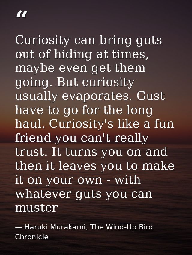 Curiosity can bring guts out of hiding at times, maybe even get them going. But curiosity usually evaporates. Gust have  — Haruki Murakami, The Wind-Up Bird Chronicle