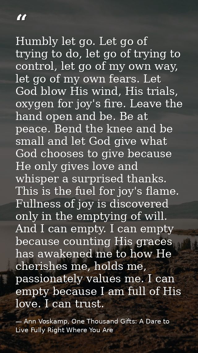 Humbly let go. Let go of trying to do, let go of trying to control, let go of my own way, let go of my own fears. Let Go — Ann Voskamp, One Thousand Gifts: A Dare to Live Fully Right Where You Are