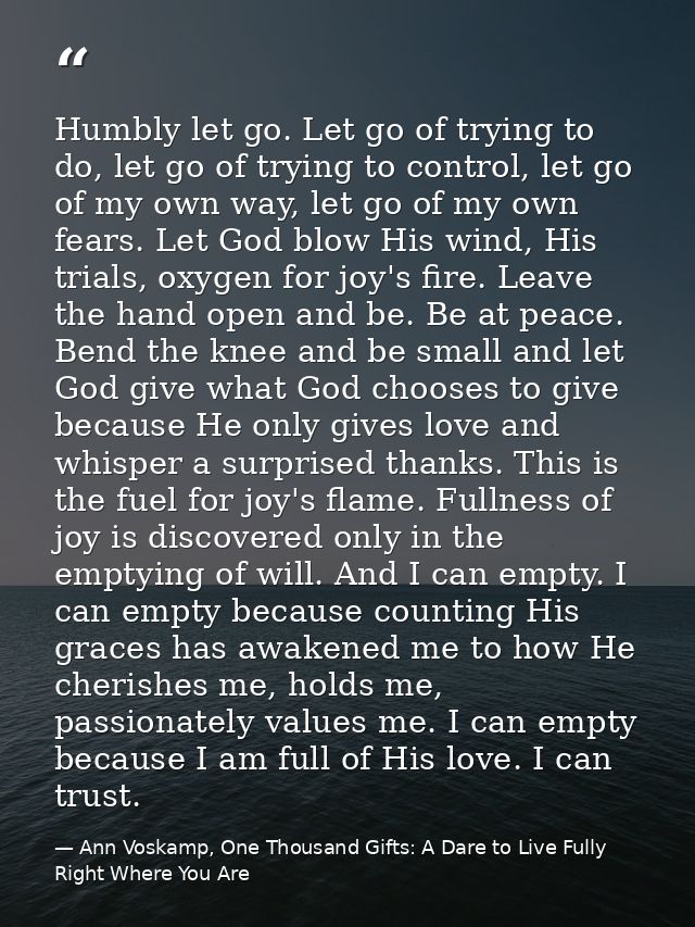 Humbly let go. Let go of trying to do, let go of trying to control, let go of my own way, let go of my own fears. Let Go — Ann Voskamp, One Thousand Gifts: A Dare to Live Fully Right Where You Are