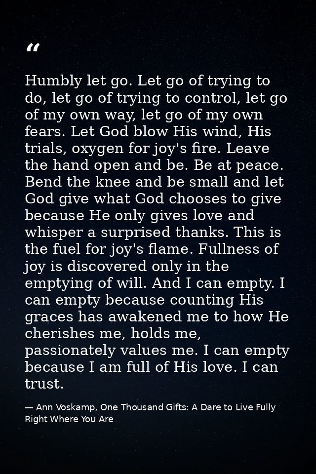 Humbly let go. Let go of trying to do, let go of trying to control, let go of my own way, let go of my own fears. Let Go — Ann Voskamp, One Thousand Gifts: A Dare to Live Fully Right Where You Are