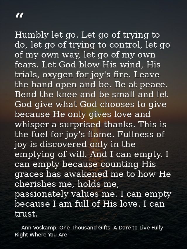 Humbly let go. Let go of trying to do, let go of trying to control, let go of my own way, let go of my own fears. Let Go — Ann Voskamp, One Thousand Gifts: A Dare to Live Fully Right Where You Are