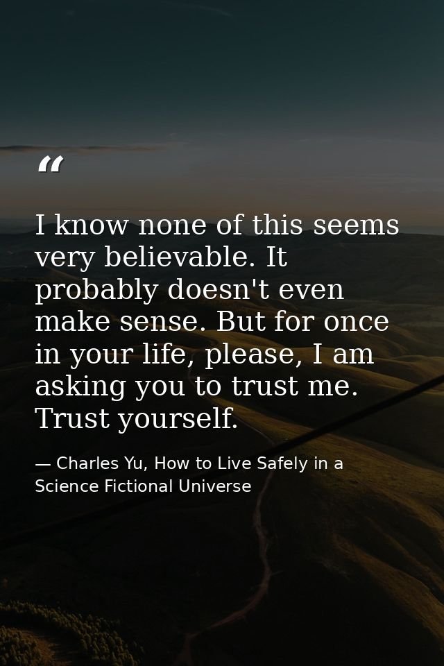 I know none of this seems very believable. It probably doesn't even make sense. But for once in your life, please, I am  — Charles Yu, How to Live Safely in a Science Fictional Universe